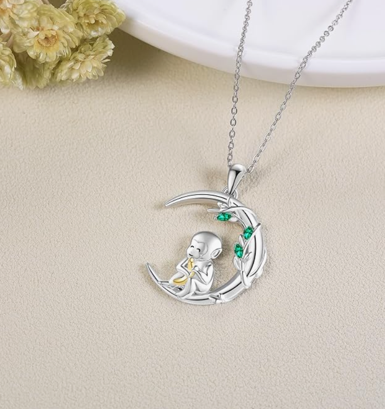 Monkey Moon Necklace Diamond Pendant Monkey Banana Jewelry Chain Birthday Gift 925 Sterling Silver 20in.