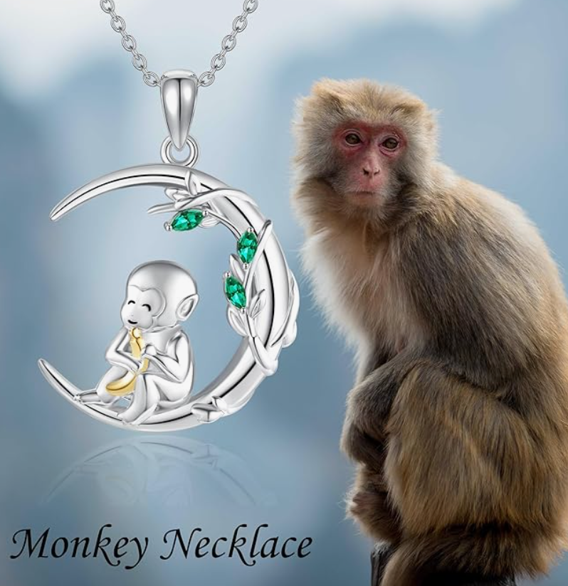 Monkey Moon Necklace Diamond Pendant Monkey Banana Jewelry Chain Birthday Gift 925 Sterling Silver 20in.
