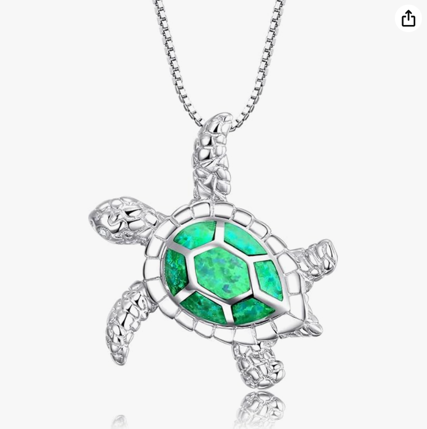 Blue Opal Sea Turtle Necklace Pendant Beach Ocean Tropical Green Turtle Jewelry Hawaiian Birthstone Chain Gift 925 Sterling Silver 20in.