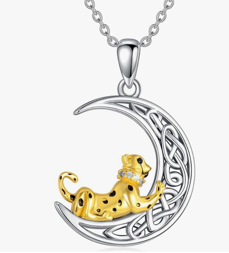 Celtic Moon Cheetah Pendant Panther Necklace Leopard Chain Jaguar Jewelry Birthday Gift 925 Sterling Silver 20in.