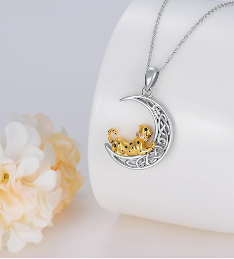 Celtic Moon Cheetah Pendant Panther Necklace Leopard Chain Jaguar Jewelry Birthday Gift 925 Sterling Silver 20in.