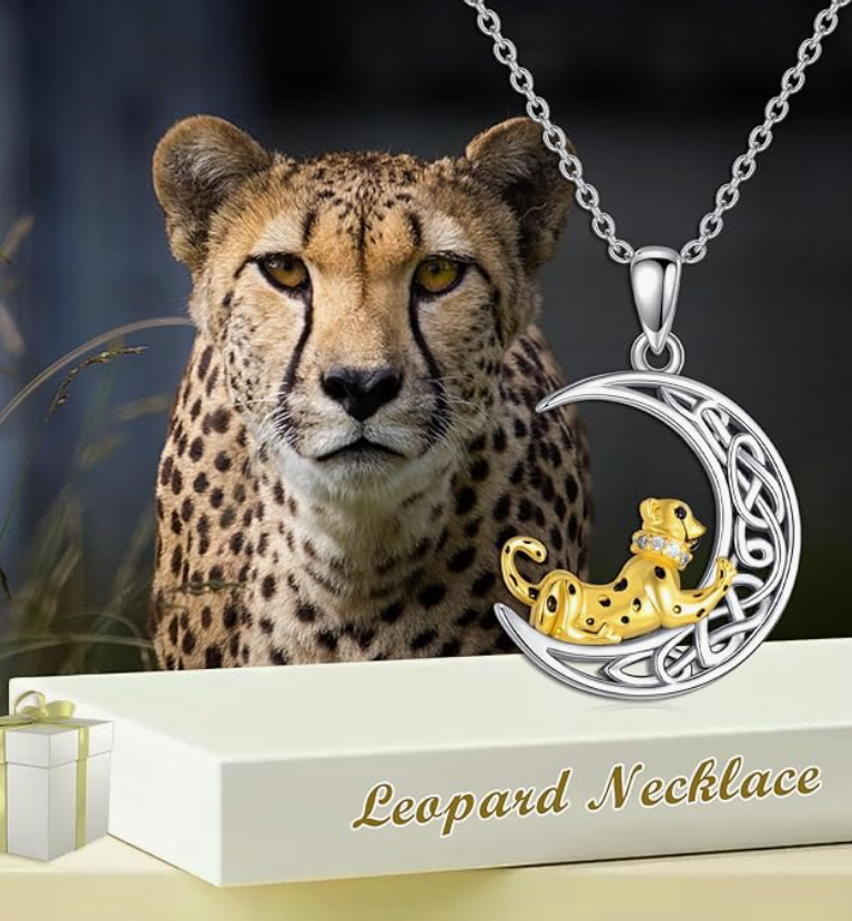 Celtic Moon Cheetah Pendant Panther Necklace Leopard Chain Jaguar Jewelry Birthday Gift 925 Sterling Silver 20in.
