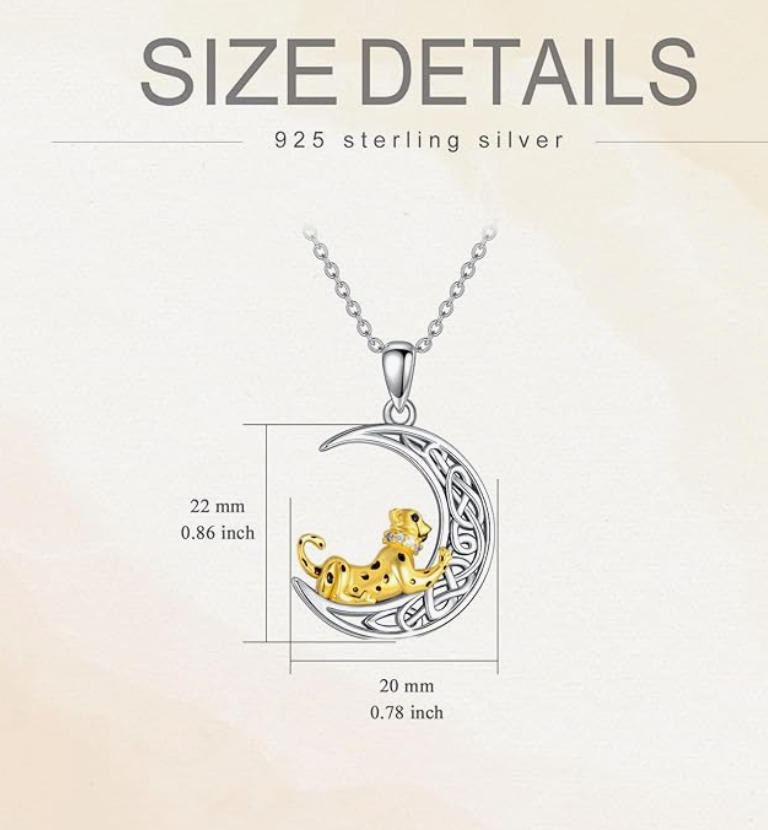 Celtic Moon Cheetah Pendant Panther Necklace Leopard Chain Jaguar Jewelry Birthday Gift 925 Sterling Silver 20in.