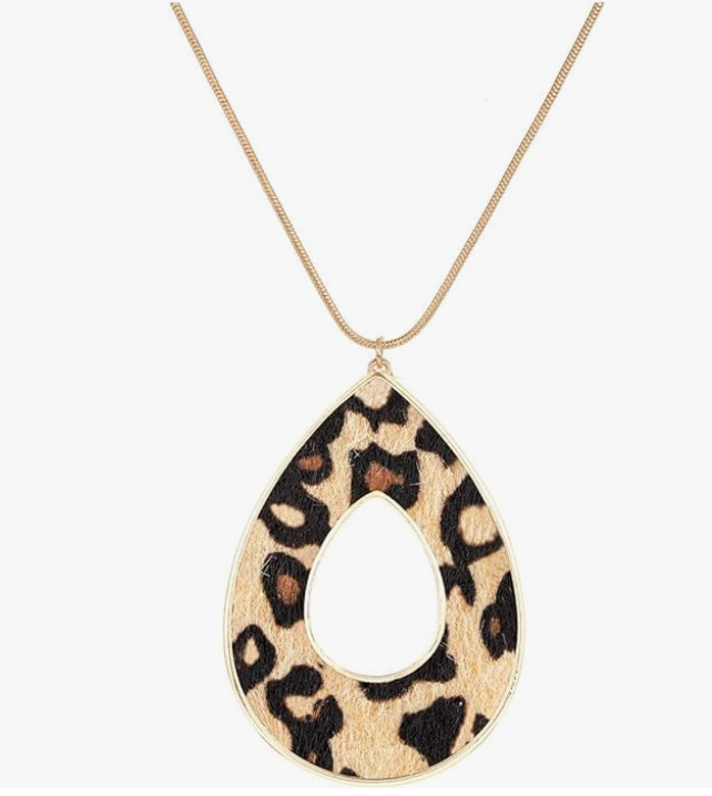 Leopard Print Teardrop Pendant Jaguar Necklace Cheetah Chain Panther Gold Jewelry Birthday Gift 32in.