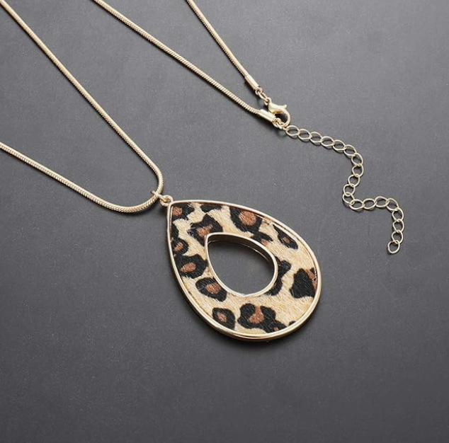 Leopard Print Teardrop Pendant Jaguar Necklace Cheetah Chain Panther Gold Jewelry Birthday Gift 32in.