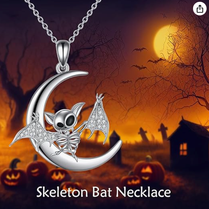 Cute Bat Skeleton Necklace Moon Bat Wing Diamond Pendant Chain Gothic Mystic Witch Halloween Jewelry Birthday Gift 925 Sterling Silver 20in.