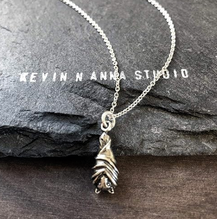 Small Hanging Bat Necklace Bat Wing Pendant Chain Gothic Mystic Witch Halloween Jewelry Birthday Gift Sterling Silver 20in.