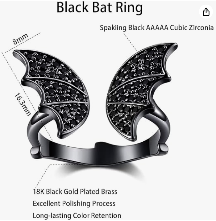 Adjustable Black Diamond Bat Ring Bat Wing Gothic Mystic Witch Ring Halloween Jewelry Birthday Gift 925 Sterling Silver
