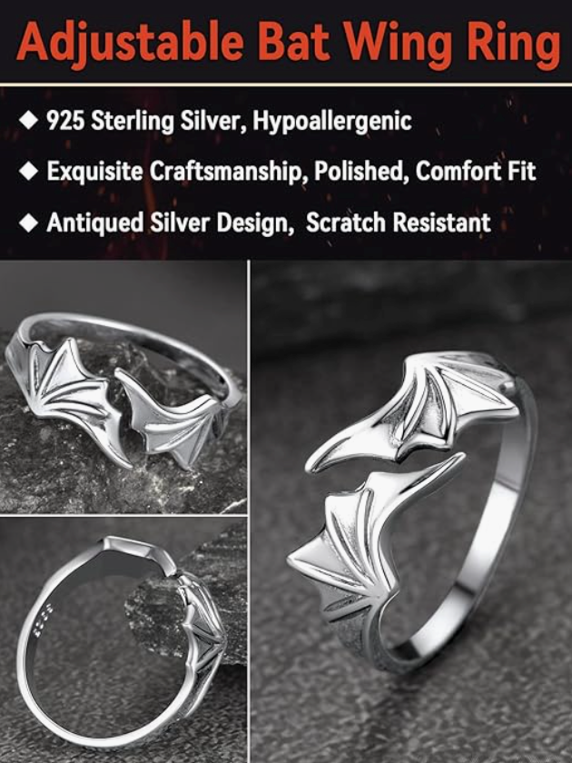 925 Sterling Silver Adjustable Bat Ring Bat Wing Gothic Mystic Witch Ring Halloween Jewelry Birthday Gift