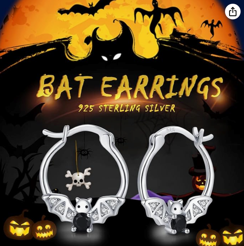 Black Bat Hoops Earrings Gothic Mystic Witch Bat Necklace Bracelet Halloween Jewelry Birthday Gift 925 Sterling Silver