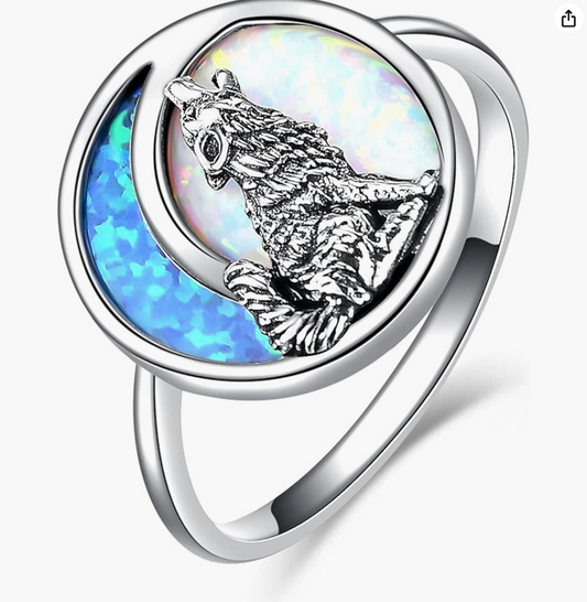 Blue White Opal Wolf Moon Ring  Wolf Howling Ring Jewelry Birthday Gift 925 Sterling Silver