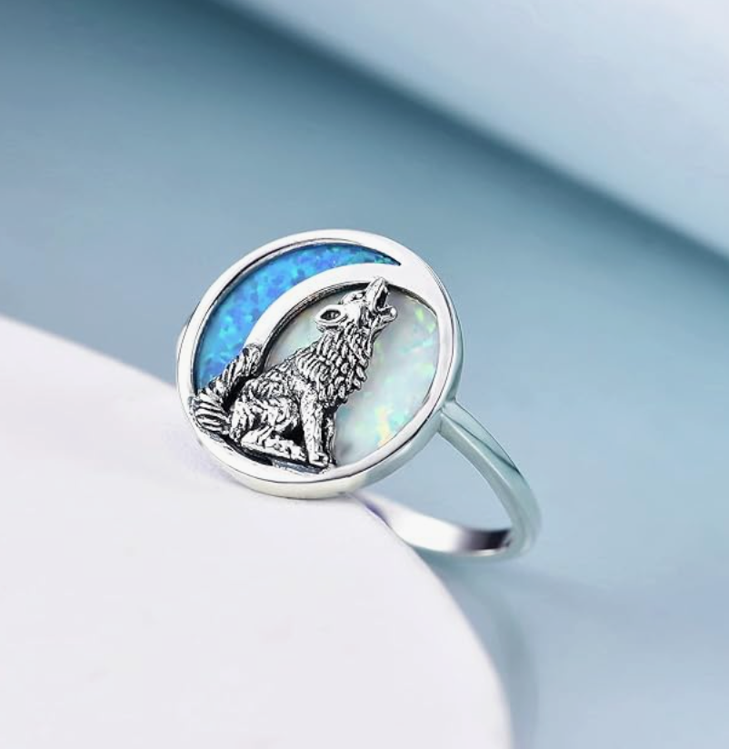 Blue White Opal Wolf Moon Ring  Wolf Howling Ring Jewelry Birthday Gift 925 Sterling Silver