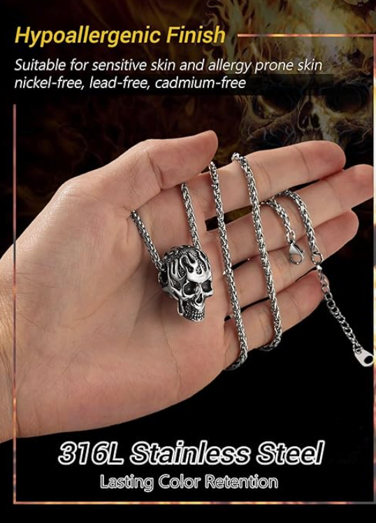 Fire Skull Head Necklace Skull Head Chain Jewelry Birthday Gift Stainless Steel 24in.