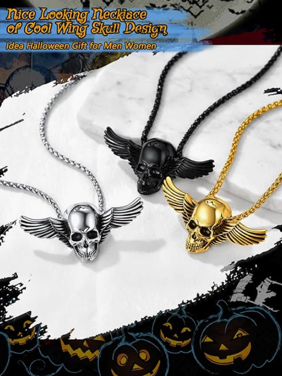 Deathbat Necklace Skull Wings Pendant Skull Head Jewelry Birthday Gift Gold Silver Stainless Steel 24in.