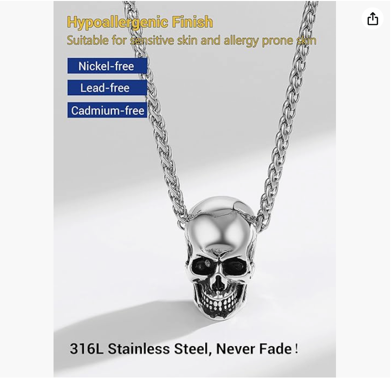 Skull Necklace Skull Head Pendant Skull Head Jewelry Birthday Gift Gold Silver Stainless Steel 24in.