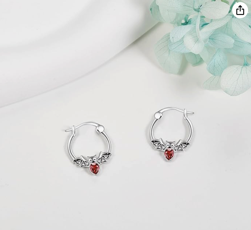 Red Blood Stone Bat Earrings Hoops Gothic Mystic Witch Bat Earring Halloween Jewelry Birthday 925 Sterling Silver