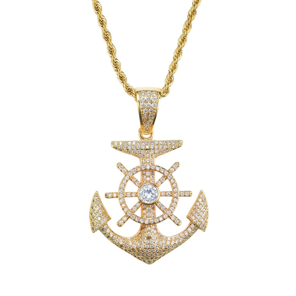 Anchor Chain Silver Color Metal Alloy Sailor Boat Necklace Simulated Diamonds Gold Anchor Pendant Rope Twist Chain 24in.
