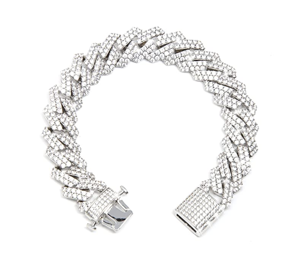 15mm Prong Bracelet Gold Silver Color Simulated Diamond Cuban Link Hip Hop Jewelry Iced Out Bling 8.5in.