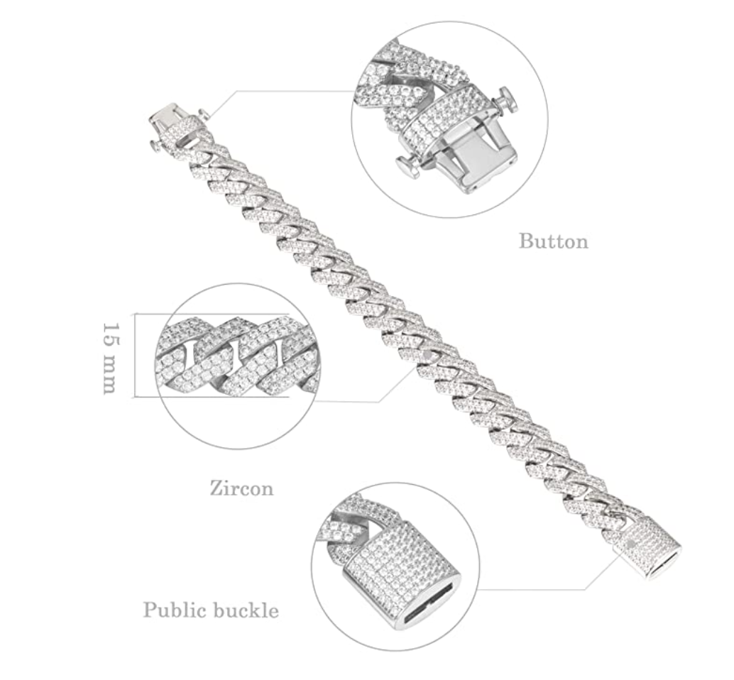 15mm Prong Bracelet Gold Silver Color Simulated Diamond Cuban Link Hip Hop Jewelry Iced Out Bling 8.5in.