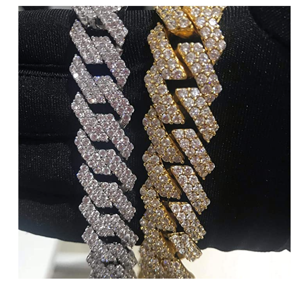 15mm Prong Bracelet Gold Silver Color Simulated Diamond Cuban Link Hip Hop Jewelry Iced Out Bling 8.5in.