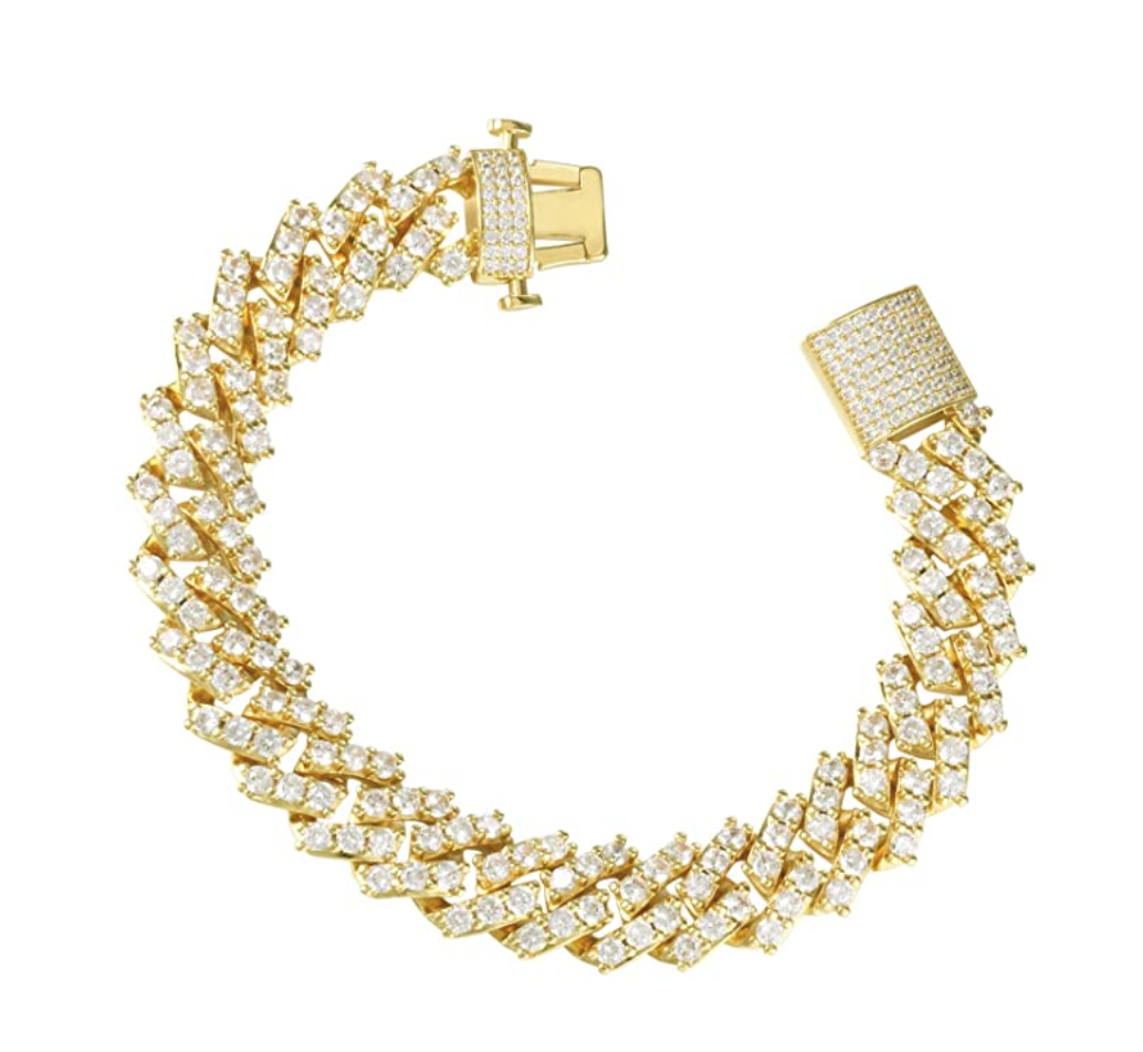 12mm Prong Bracelet Cuban Link Simulated Diamond Gold Silver Color Hip Hop Jewelry Iced Out Bling 8.5in.