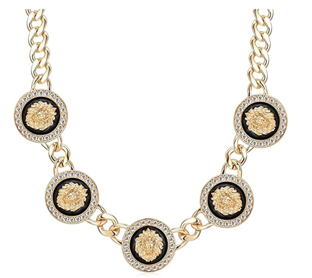 Medusa Lion King Pendant Medusa Lion Medallion Necklace Lion Head Leo Chain Stainless Steel Simulated-Diamond Gold Color Metal Alloy 24in.
