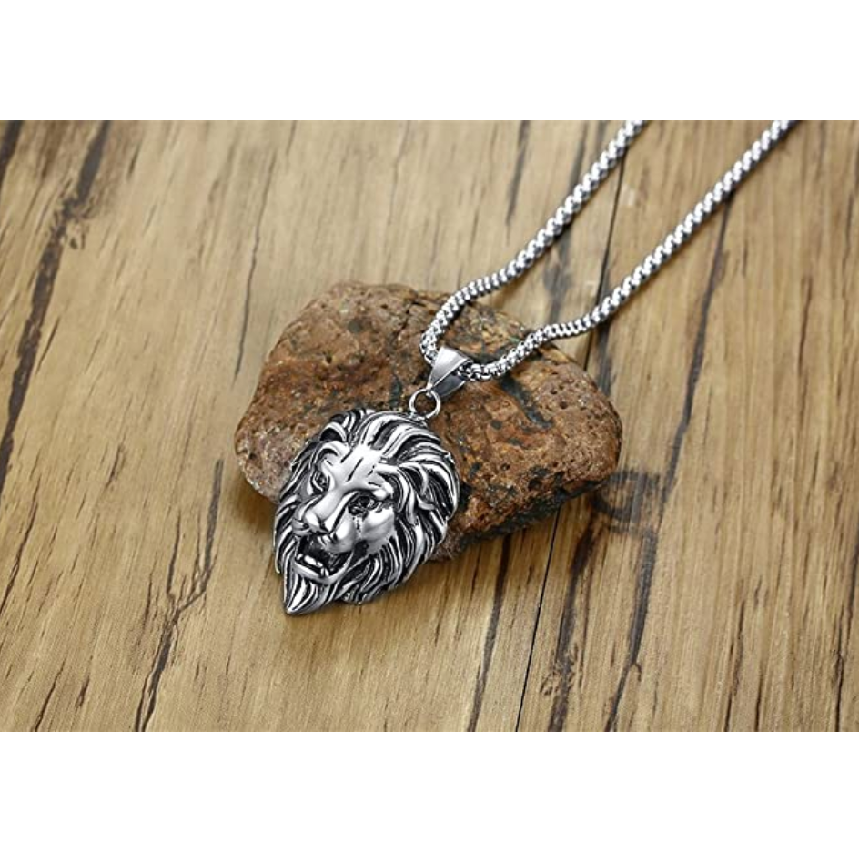 Lion King Necklace Lion Pendant Silver Animal Chain Hebrew Lion Judah African Jewelry Gift Stainless Steel Lion 24in.