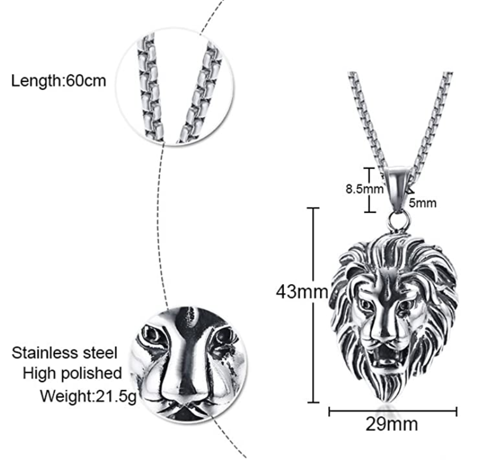 Lion King Necklace Lion Pendant Silver Animal Chain Hebrew Lion Judah African Jewelry Gift Stainless Steel Lion 24in.