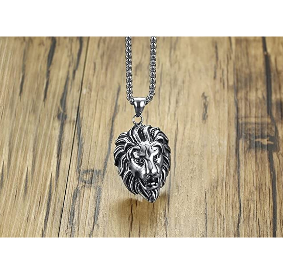 Lion King Necklace Lion Pendant Silver Animal Chain Hebrew Lion Judah African Jewelry Gift Stainless Steel Lion 24in.