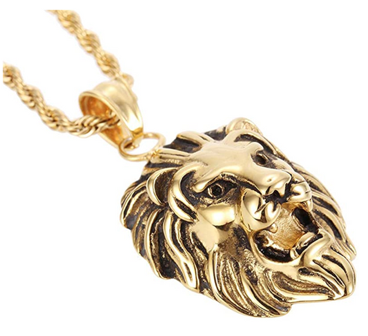Lion Pendant Lion King Necklace Animal Chain Hebrew Lion Judah African Jewelry Gif Leo Lion Gold Color Metal Alloy 24in.