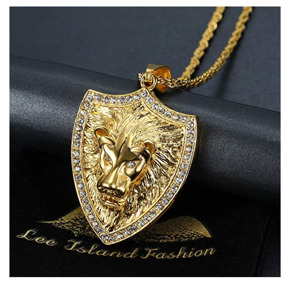 Gold Color Metal Alloy Lion King Necklace Animal Chain Silver Hebrew Lion Judah Shield African Jewelry Gift Lion Leo Pendant Stainless Steel Simulated-Diamond Lion 24in.
