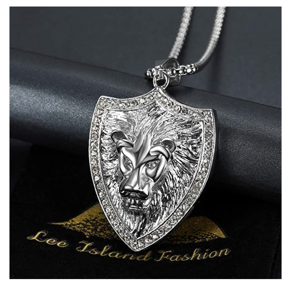 Gold Color Metal Alloy Lion King Necklace Animal Chain Silver Hebrew Lion Judah Shield African Jewelry Gift Lion Leo Pendant Stainless Steel Simulated-Diamond Lion 24in.