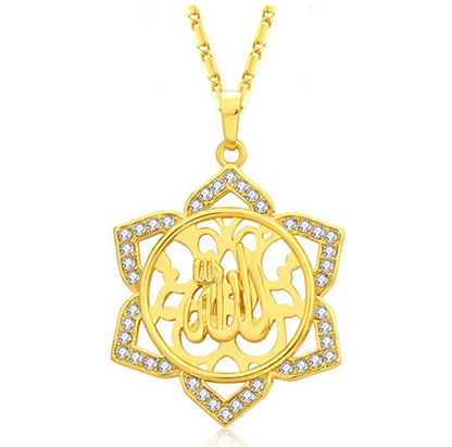 Allah Lotus Flower Simulated Diamond Necklace Islamic Holy Jewelry Allah Gift Muslim 22in.