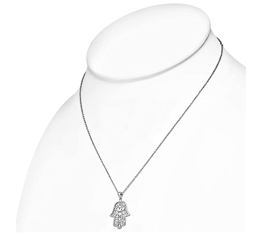 Silver Fatima Necklace Hamsa Hand Gold Evil Eye Lucky Charm Jewish Jewelry Kabbalah Merkaba Muslim Allah Pendant Yoga Meditation 18in.