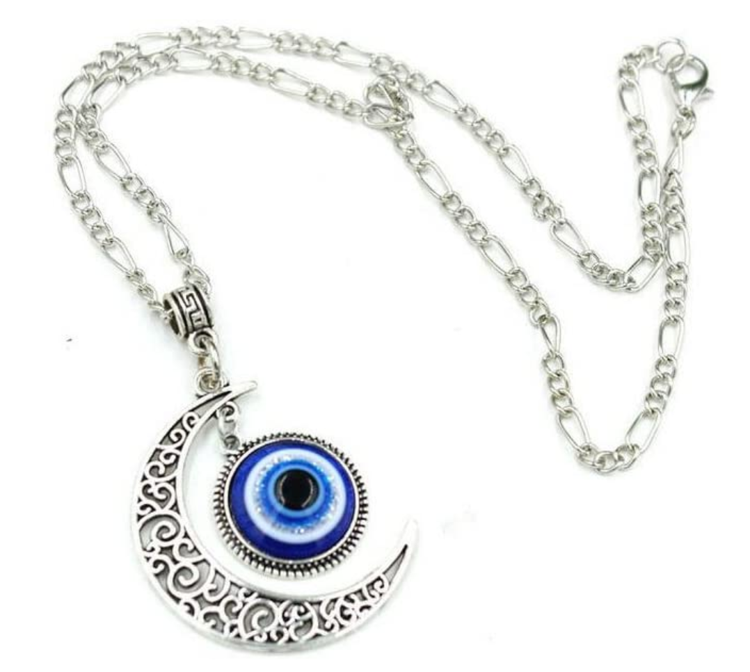 Silver Crescent Moon Blue Evil Eye Islamic Hamsa Hand Fatima Muslim Jewelry Lucky Charm Gift 18in.