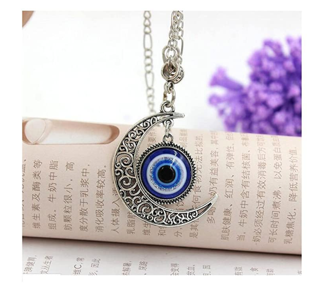 Silver Crescent Moon Blue Evil Eye Islamic Hamsa Hand Fatima Muslim Jewelry Lucky Charm Gift 18in.