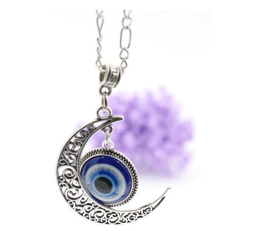 Silver Crescent Moon Blue Evil Eye Islamic Hamsa Hand Fatima Muslim Jewelry Lucky Charm Gift 18in.