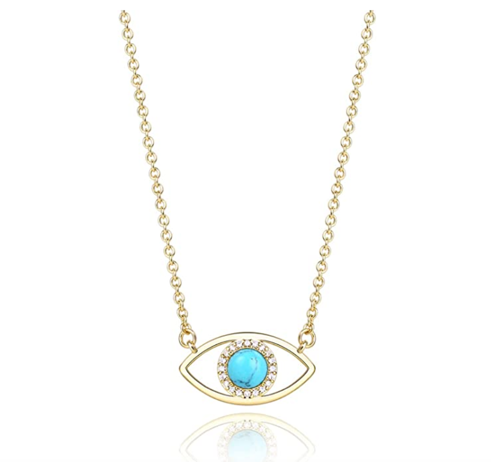 1/10 twc. Gold Blue Evil Eye Protection Jewelry Charm Islamic Fatima Necklace Hamsa Hand Muslim Lucky Jewish Jewelry Yoga 18in.