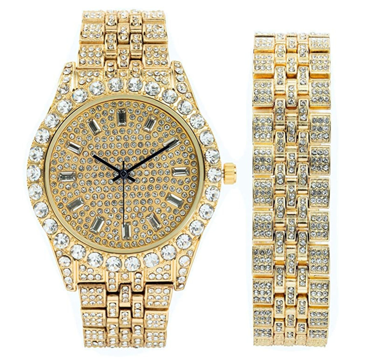 Silver Color Watch Cuban Bracelet Simulated Diamond Blue Dial Watch Set Bust Down Gold Watch Red Face Hip Hop Jewelry Bundle