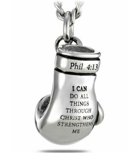 Silver Boxing Glove Necklace Boxing Gloves Chain Boxing Jewelry PHIL 4:13 I CAN DO ALL THINGS 925 Sterling Silver24in.