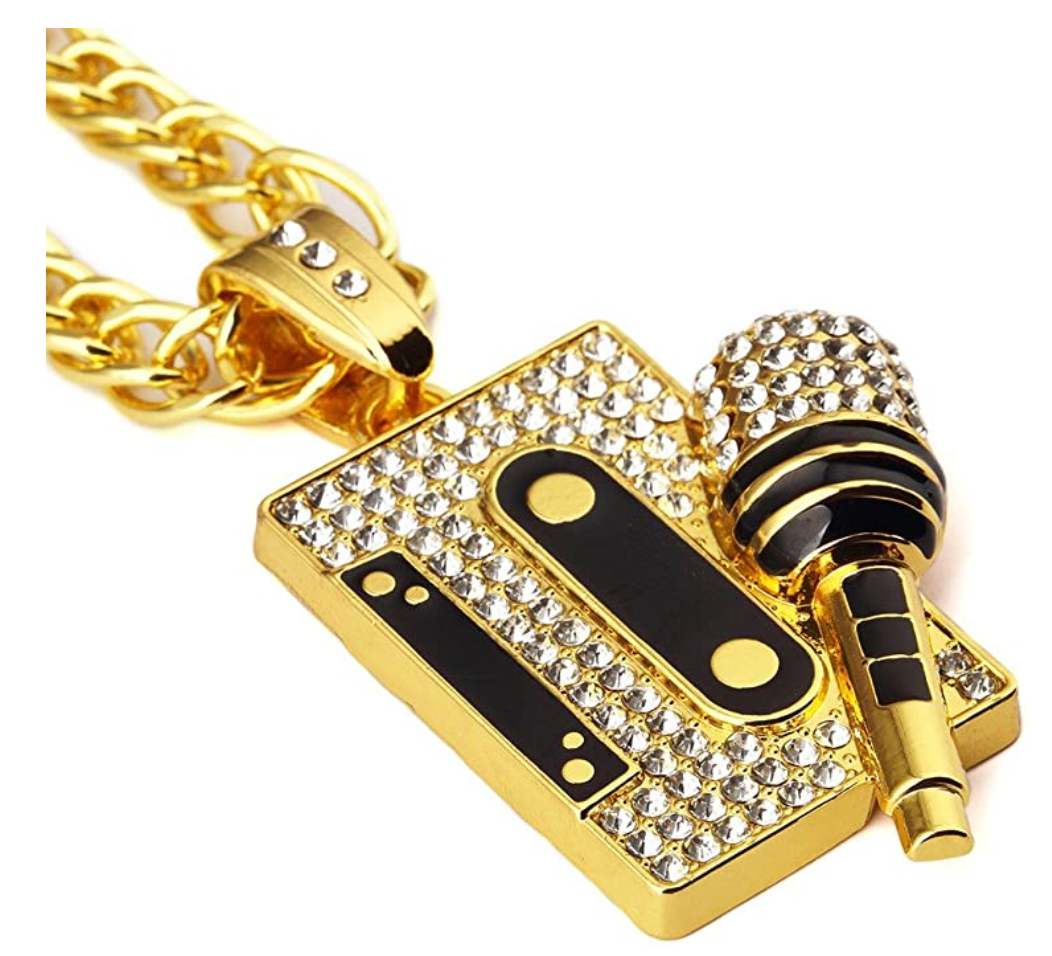 Tape & Microphone Pendant Rapper Necklace Simulated Diamond Old Skool Chain Iced Out 24in.