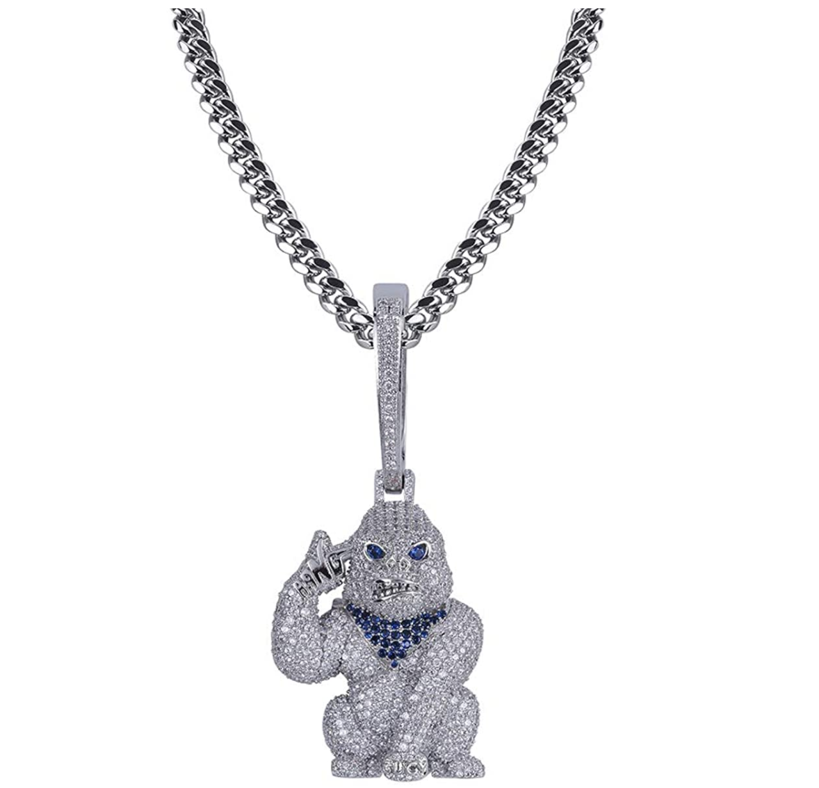 Gorilla Pendant Rapper Ape Necklace BAPE Cartoon Simulated Diamond Monkey Chain Iced Out Cuban Link 24in.