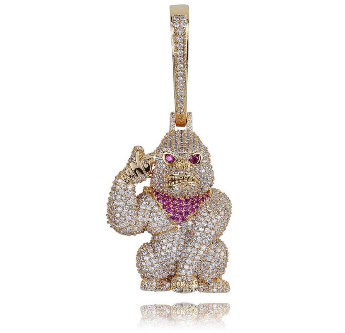 Gorilla Pendant Rapper Ape Necklace BAPE Cartoon Simulated Diamond Monkey Chain Iced Out Cuban Link 24in.
