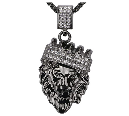 Black Lion Pendant Rapper Lion King Necklace Judah Cartoon African Gold Lion Face Diamond Crown Lion Head Chain Iced Out 24in.