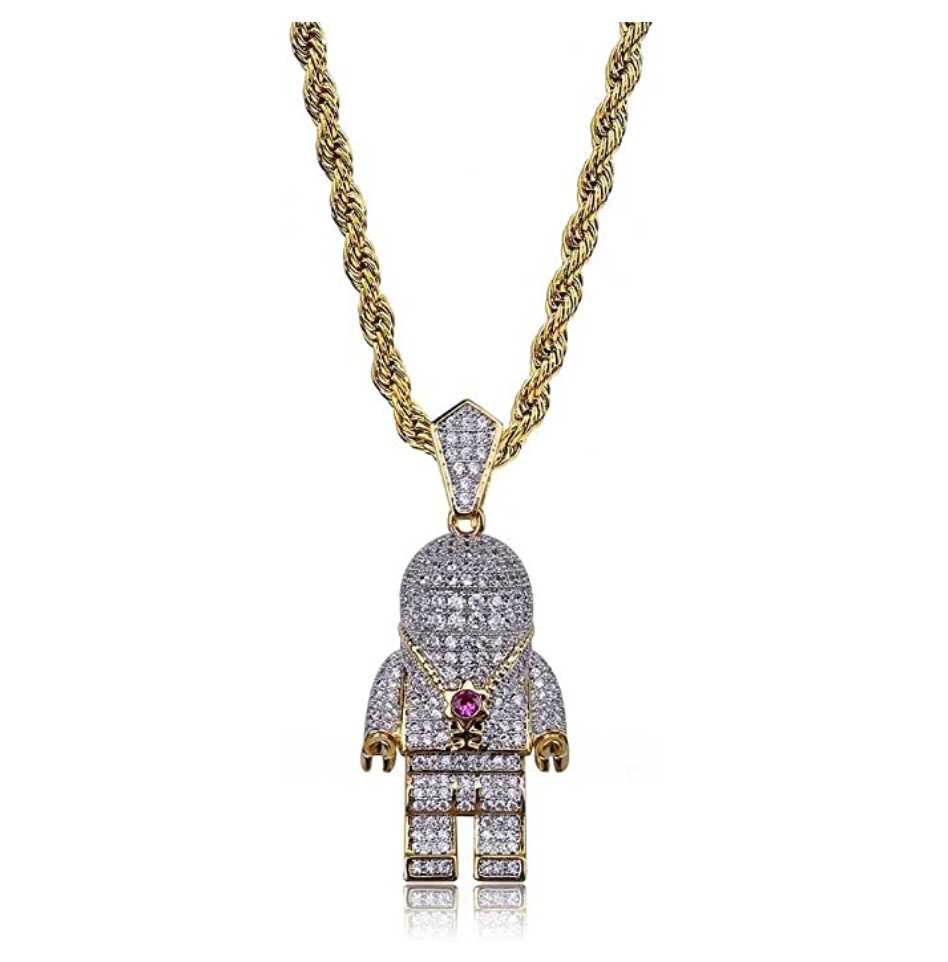 NASA Astronaut Pendant Cartoon Diamond Spaceship Rocketship Hip Hop Astronaut Necklace Space Iced Out Chain Silver Gold Color Metal Alloy 24in.