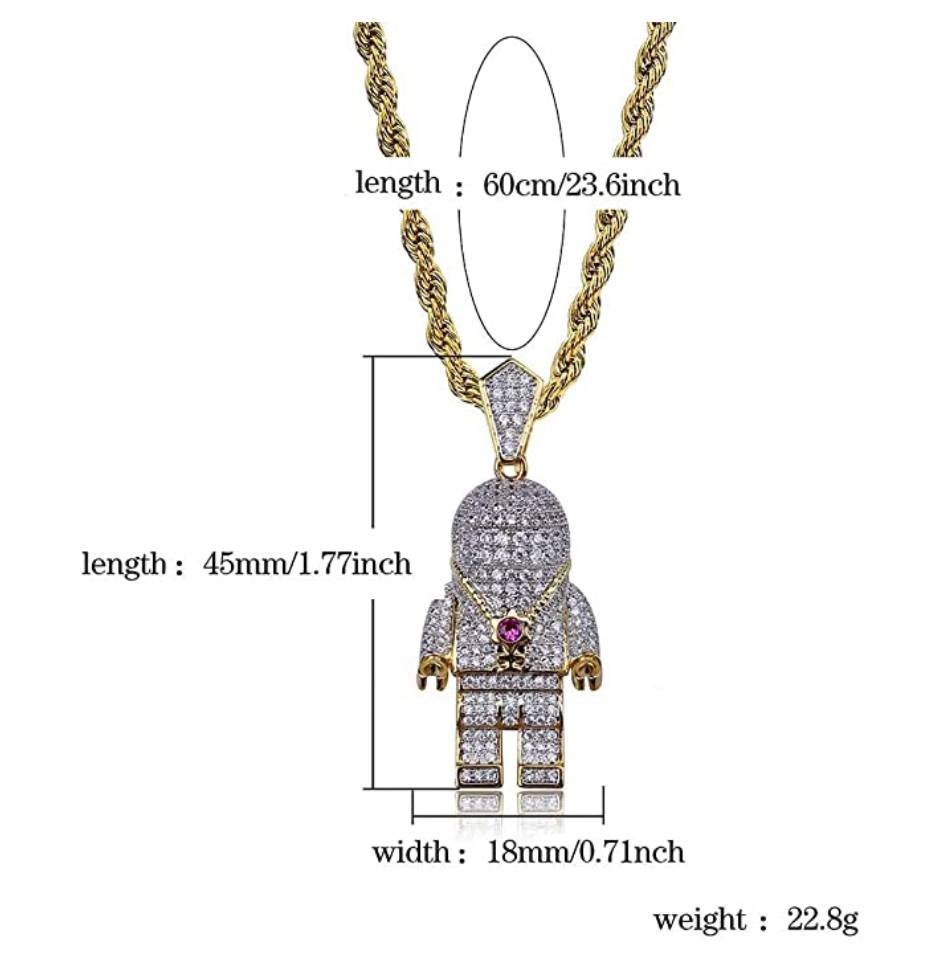 NASA Astronaut Pendant Cartoon Diamond Spaceship Rocketship Hip Hop Astronaut Necklace Space Iced Out Chain Silver Gold Color Metal Alloy 24in.