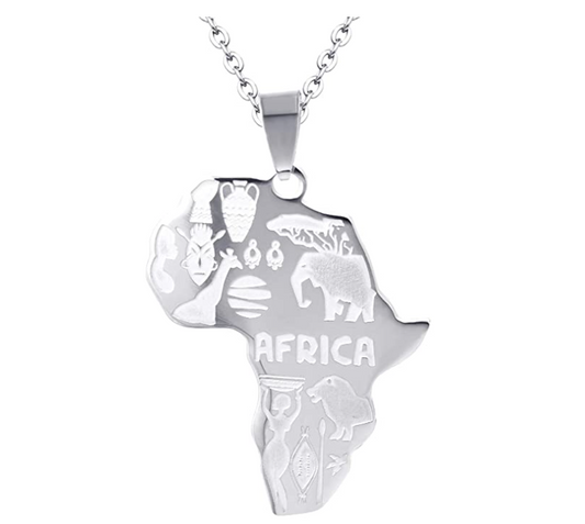 African Map Pendant Gold Color Metal Alloy African Jewelry Egyptian Animals Necklace Silver Africa Map 22in.