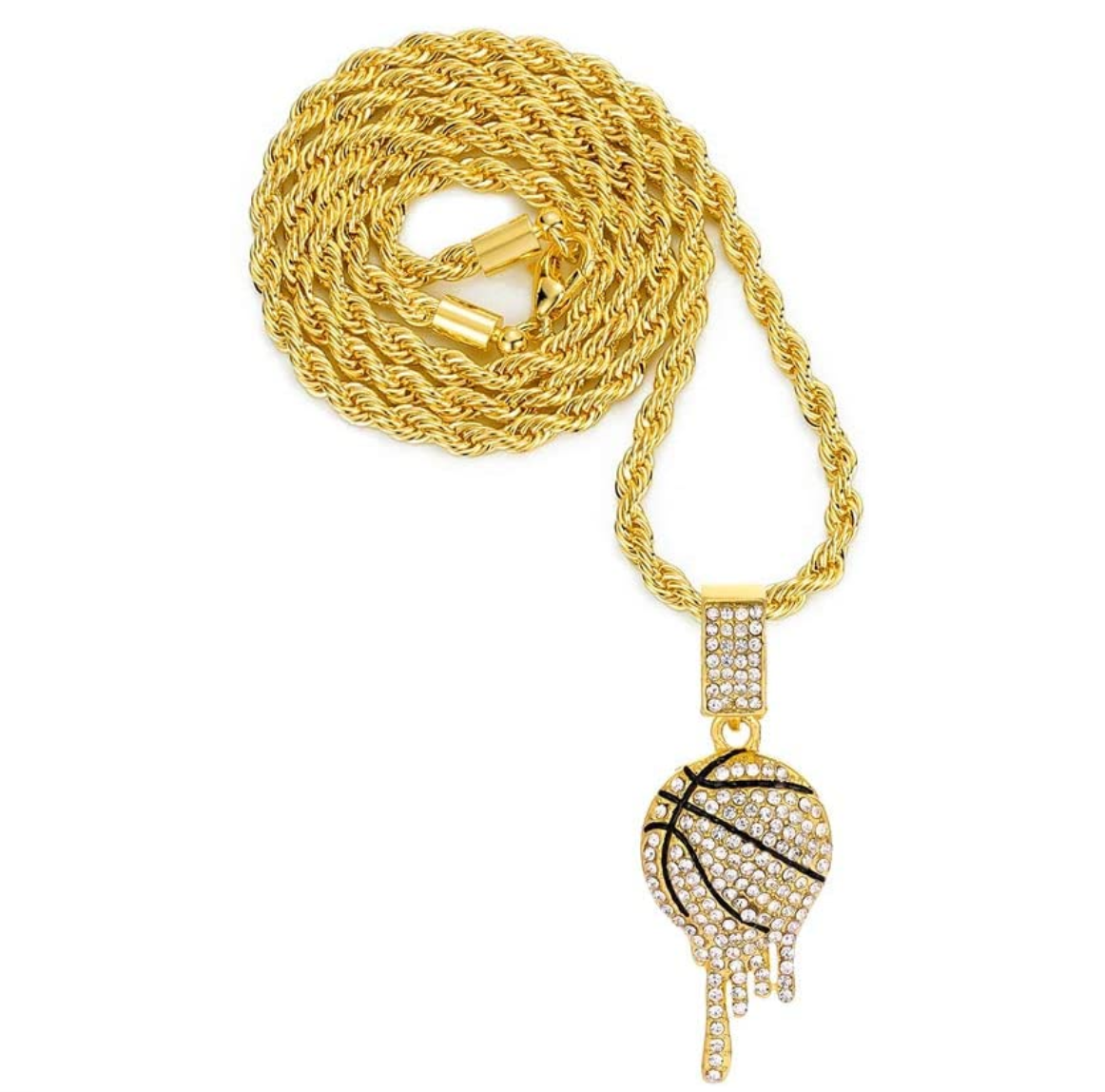 Basketball Necklace Basketball Drip Pendant Hip Hop Iced Out Basketball Chain Gold Color Metal Alloy Simulated Diamond 24in.