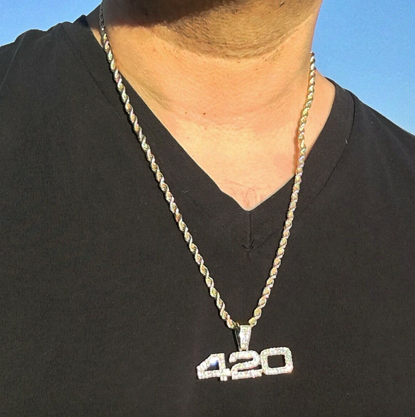 420 Pendant Weed Necklace Marijuana Chain Simulated Diamond Hip Hop Rapper Blunt Iced Out Gold Silver Metal Alloy 24in.