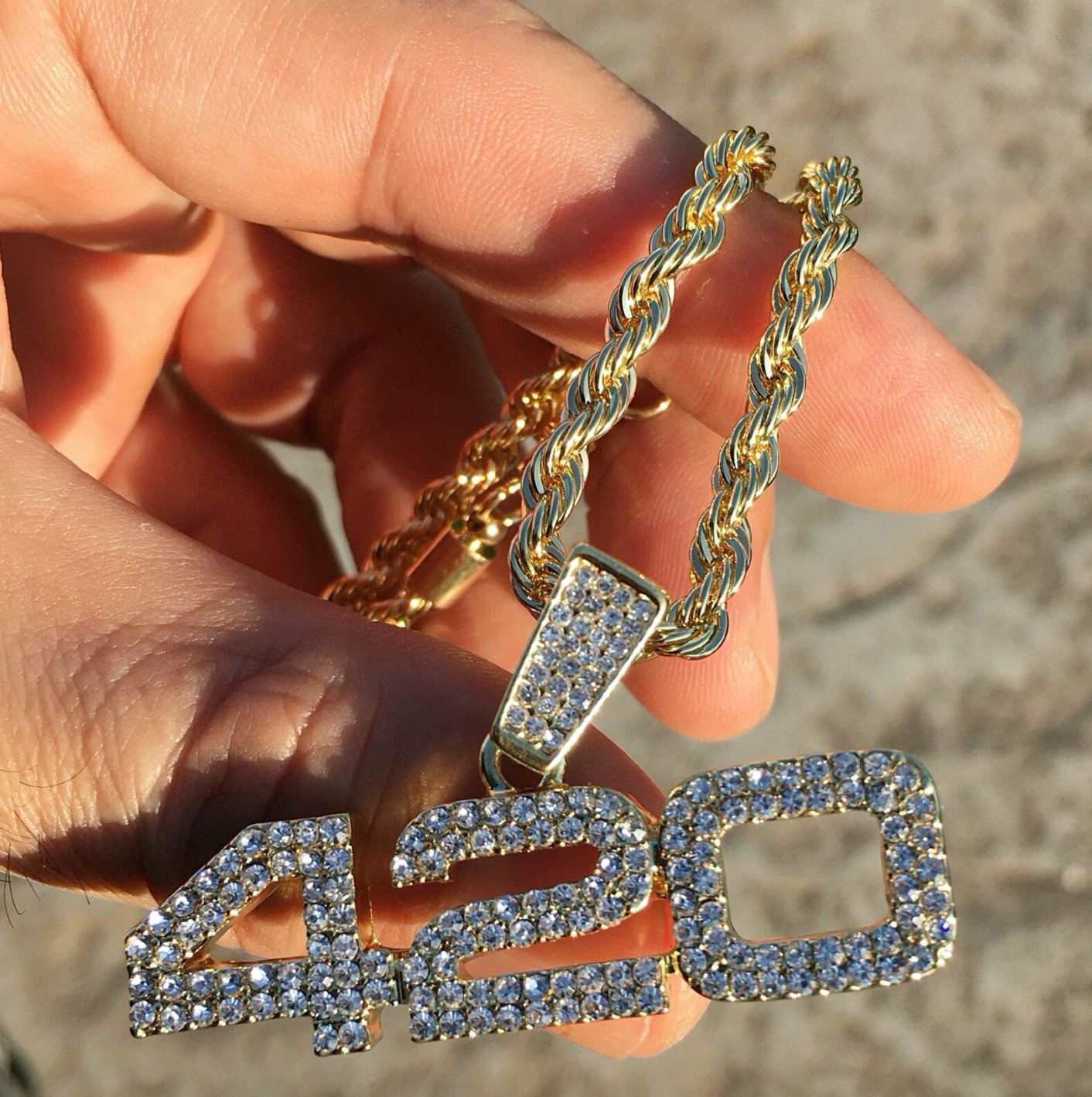 420 Pendant Weed Necklace Marijuana Chain Simulated Diamond Hip Hop Rapper Blunt Iced Out Gold Silver Metal Alloy 24in.